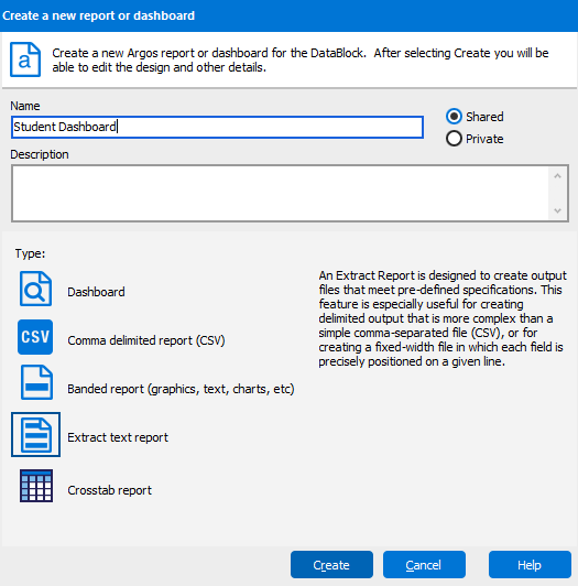 This image shows the Create a New Report dialog box.